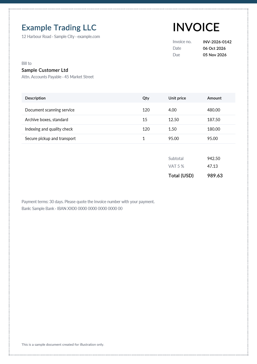 Sample invoice with a thin microtext border around the page