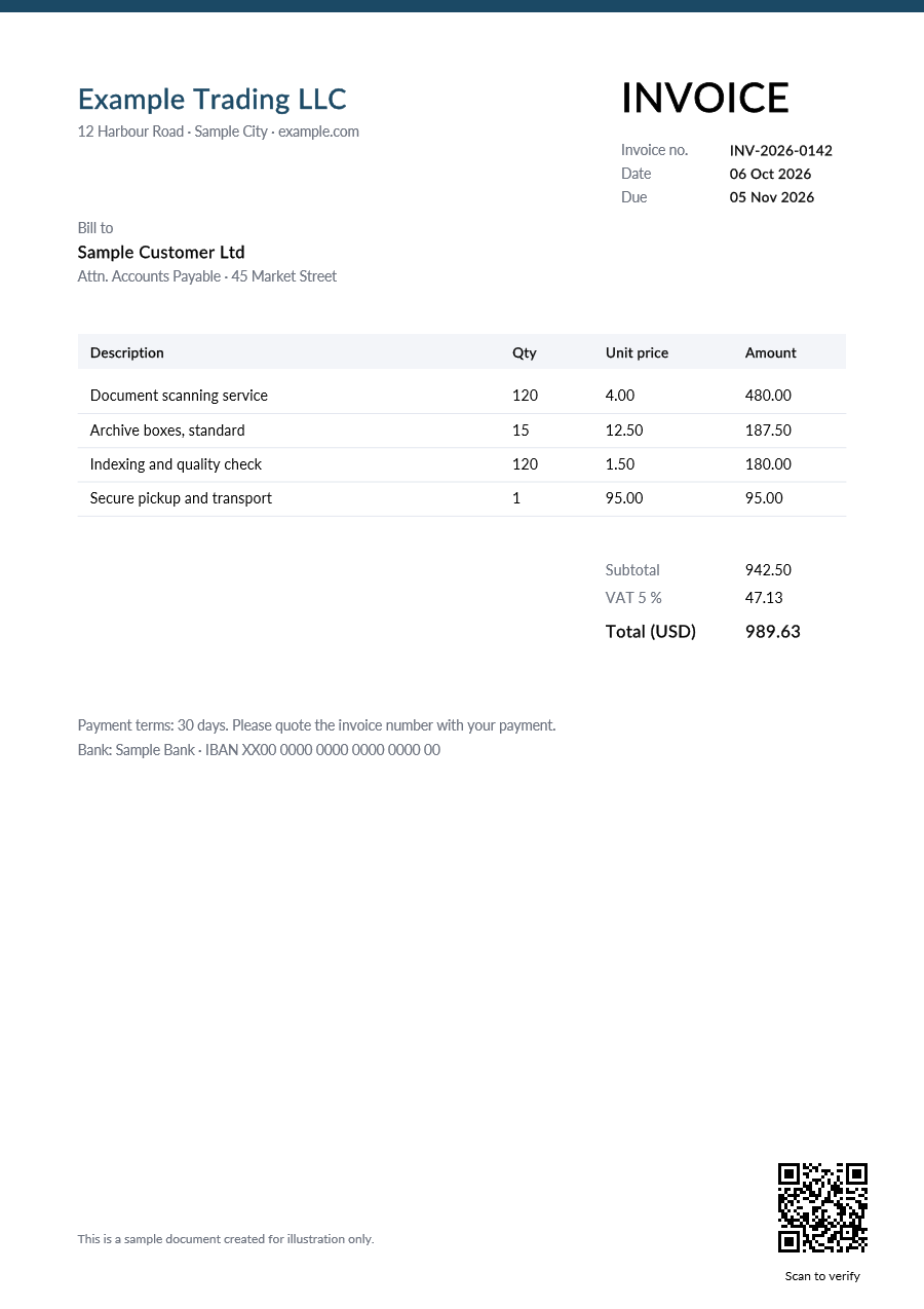 Sample invoice with a QR code and the caption Scan to verify in the bottom-right corner