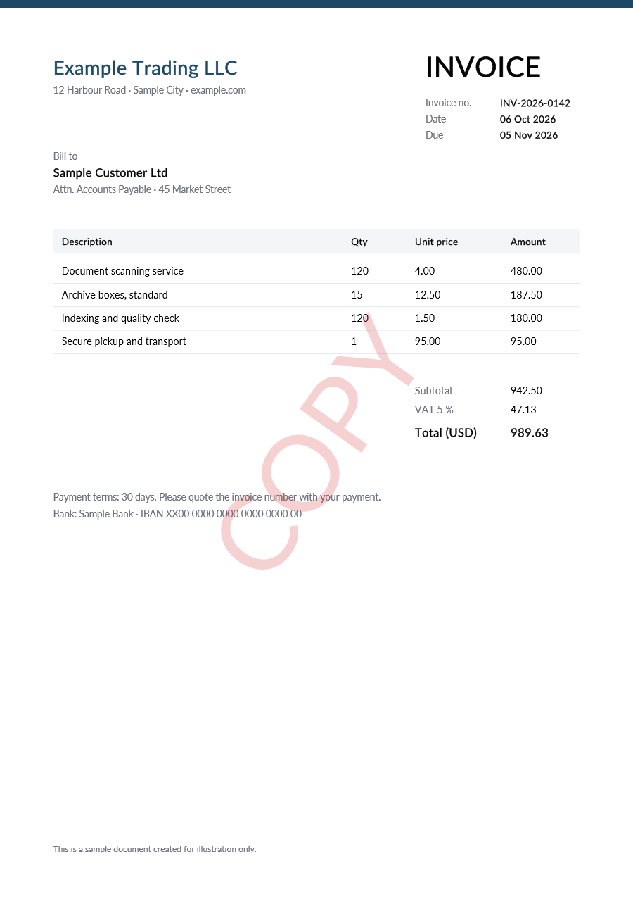 Sample invoice with a light red COPY watermark across the page